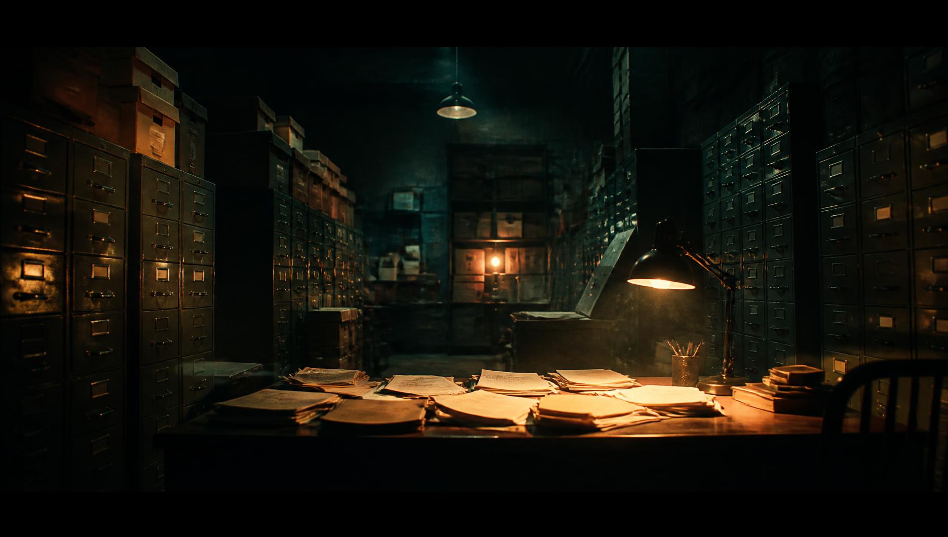 A dimly lit archive room under a single amber desk lamp